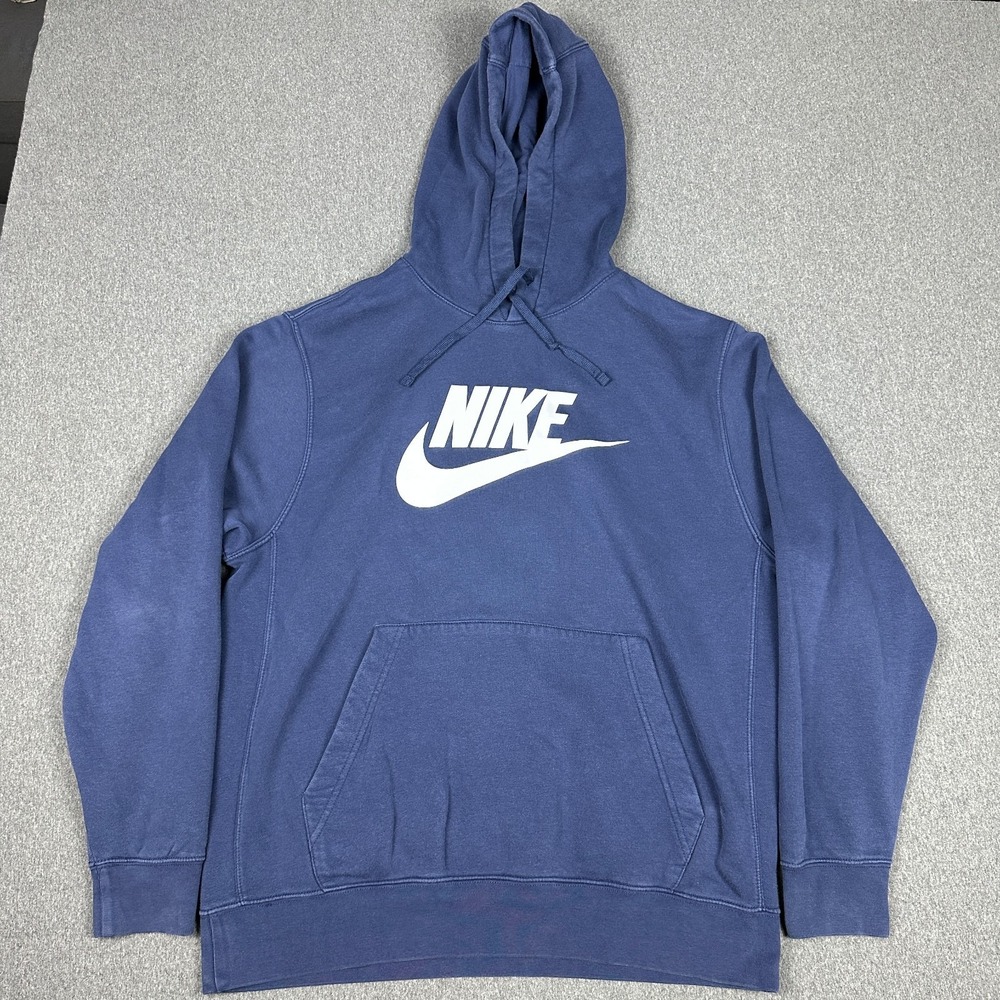 Nike Club Fleece Hoodie Mens L Blue Swoosh Logo Pullover Sweatshirt BV2973-410